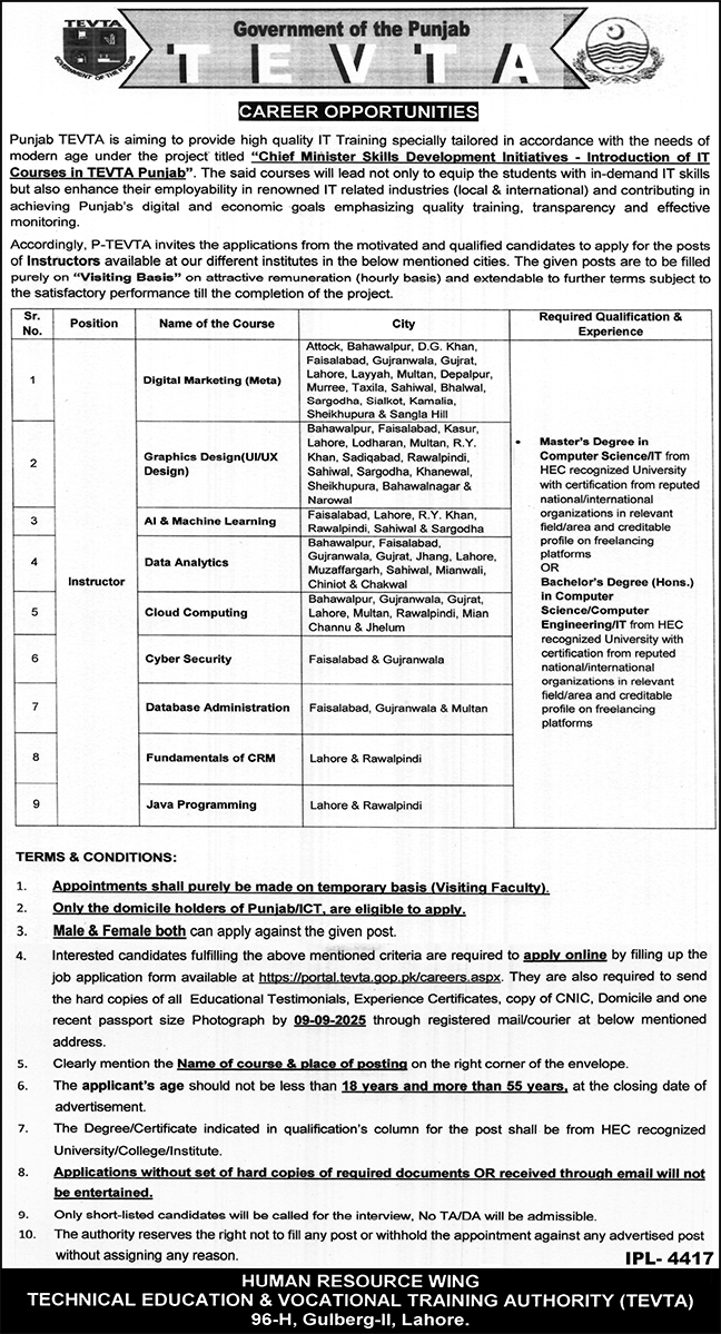 Jobs in TEVTA Lahore